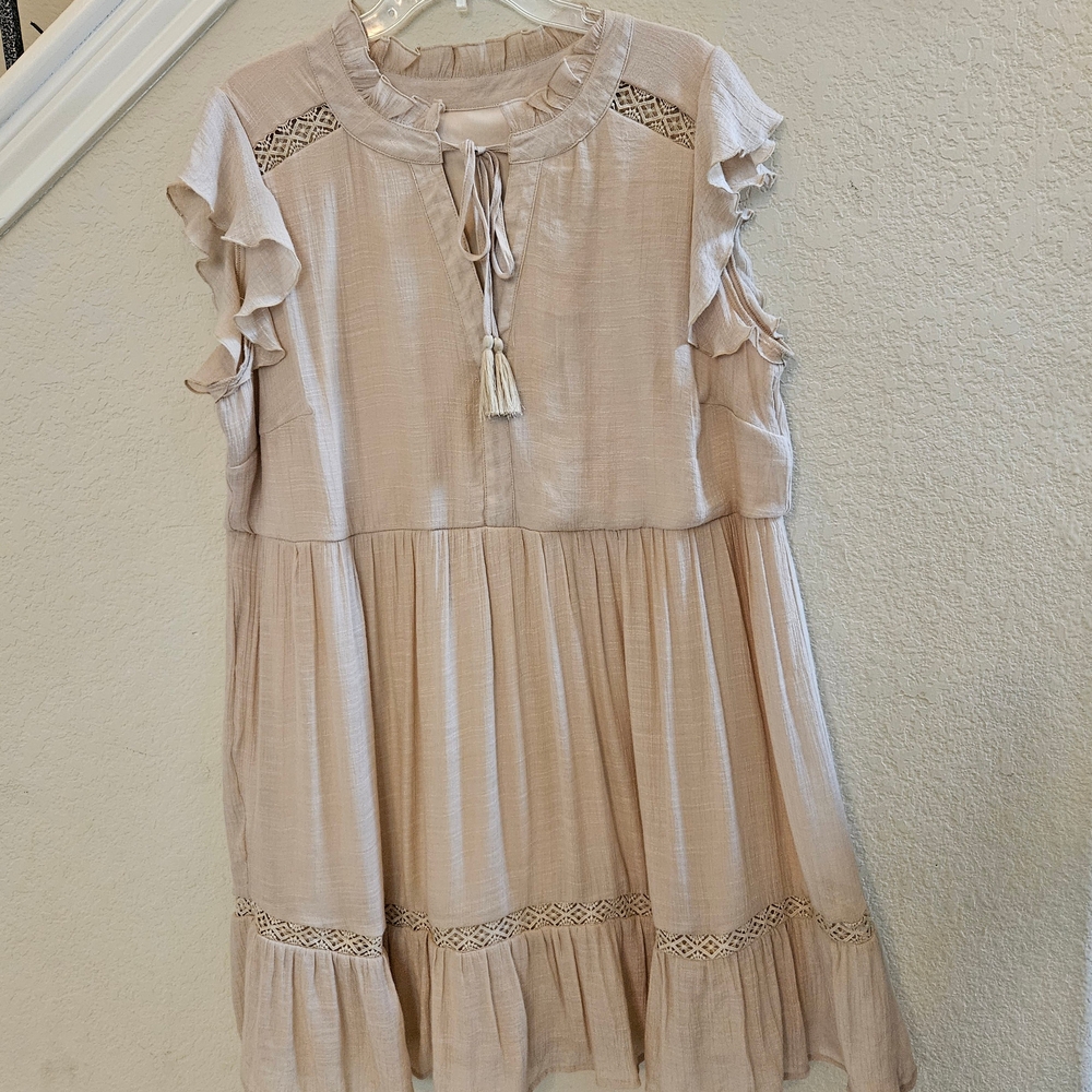 Women's Tan Linen Texture Tiered Sleeveless Ruffle Embroidered Trim Dress XL